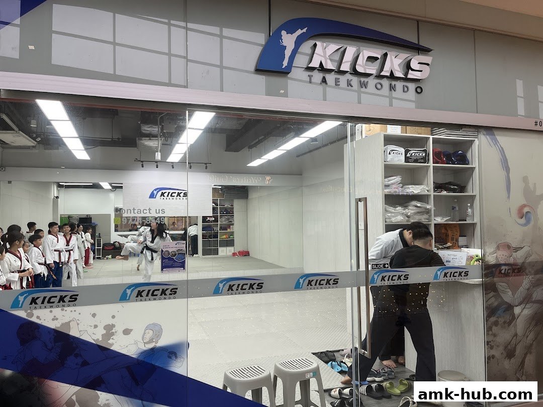 Kicks Taekwondo studio with students practicing and merchandise on display.