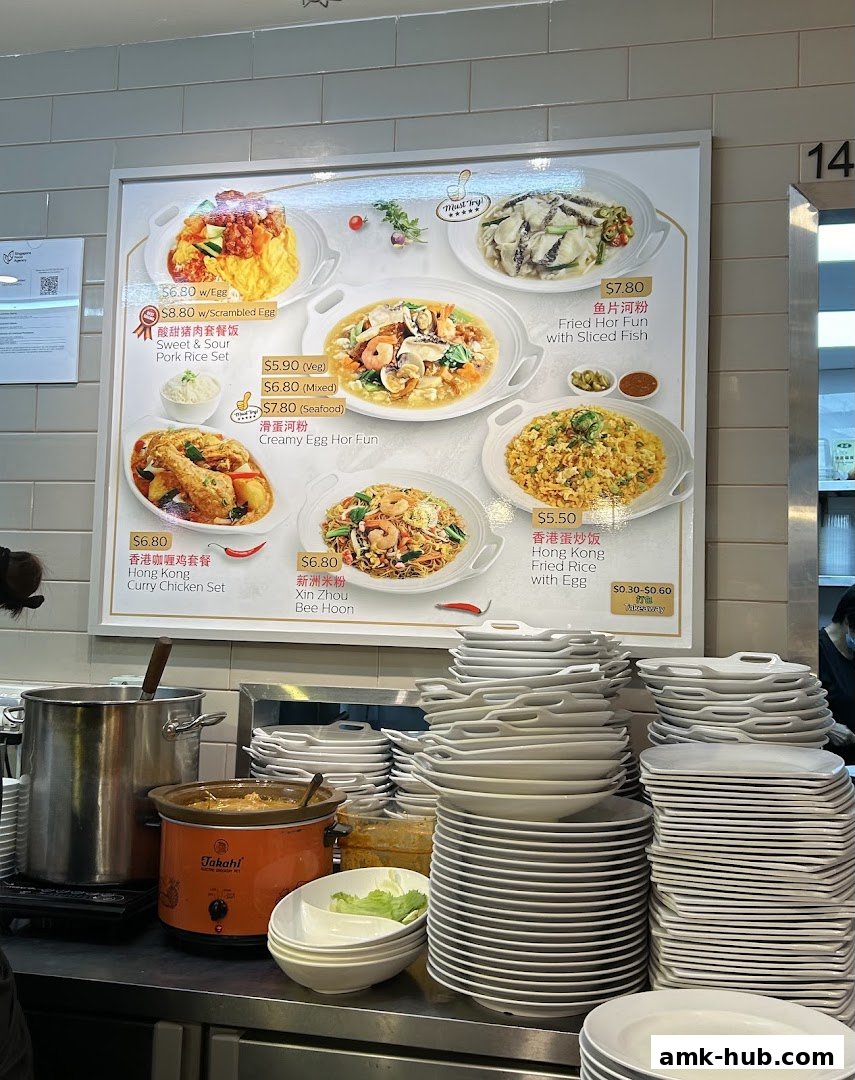 A menu board displaying various Asian dishes with prices and images.