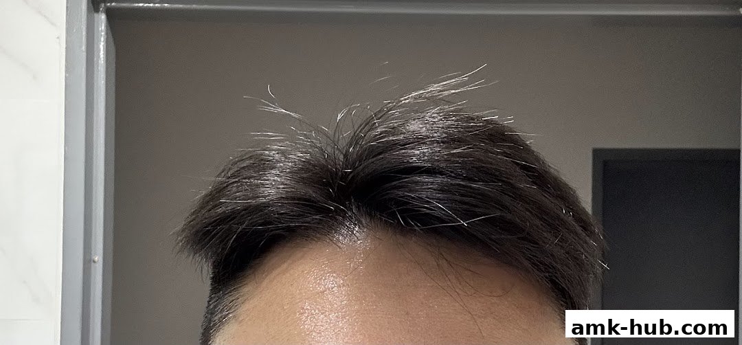 Close-up of a person's dark hair with some lighter strands, against a neutral background.