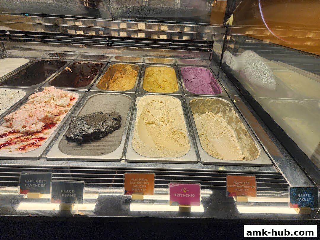 A display of various ice cream flavors in a freezer case with labels.