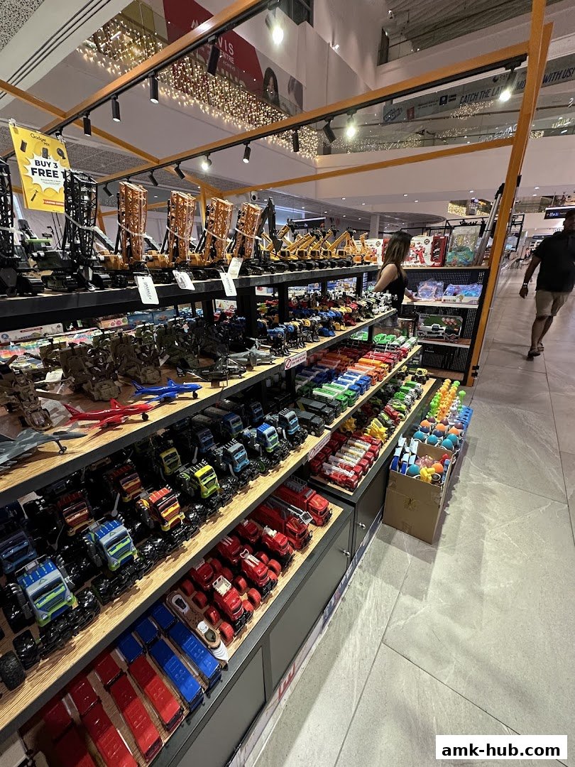 A wide selection of toy vehicles, including construction trucks and emergency vehicles, displayed on shelves.