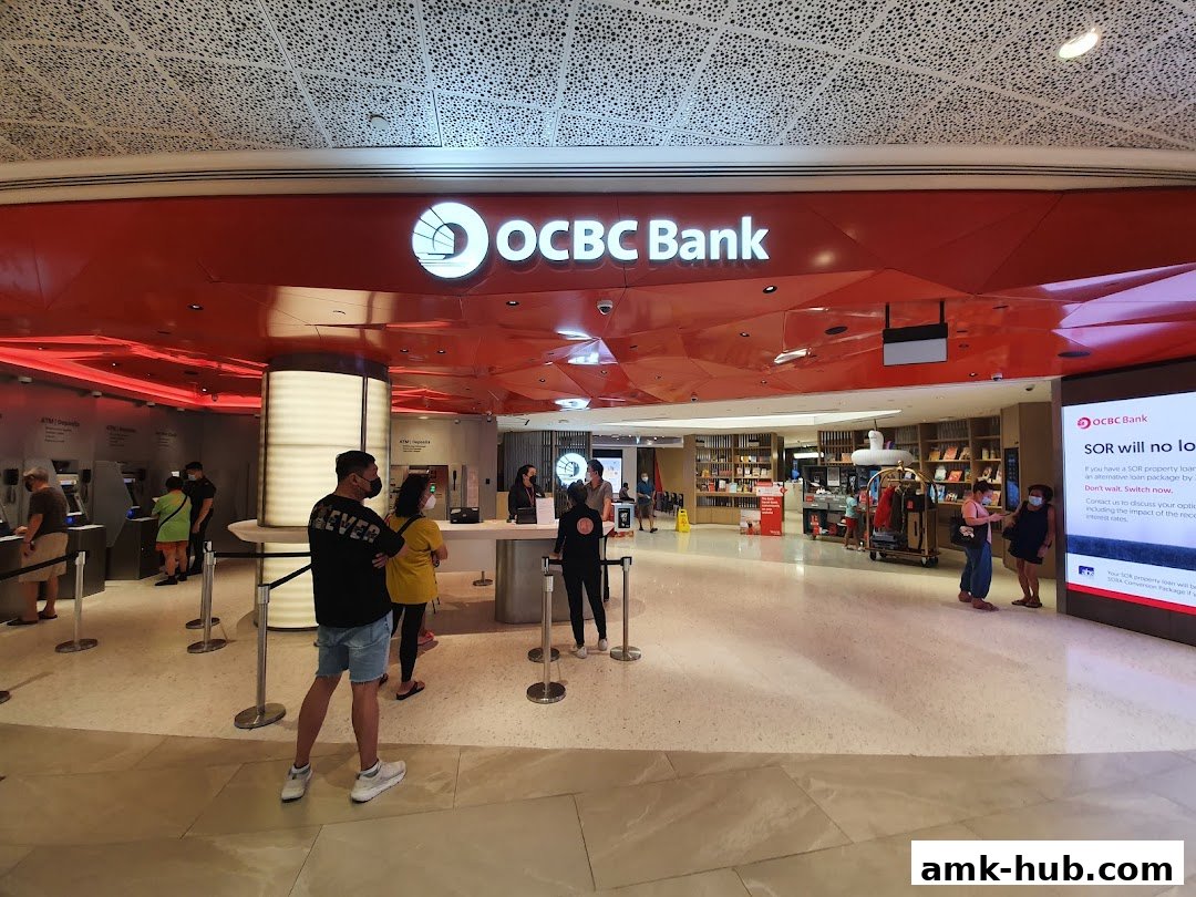 The entrance of OCBC Bank with ATMs and a service counter.