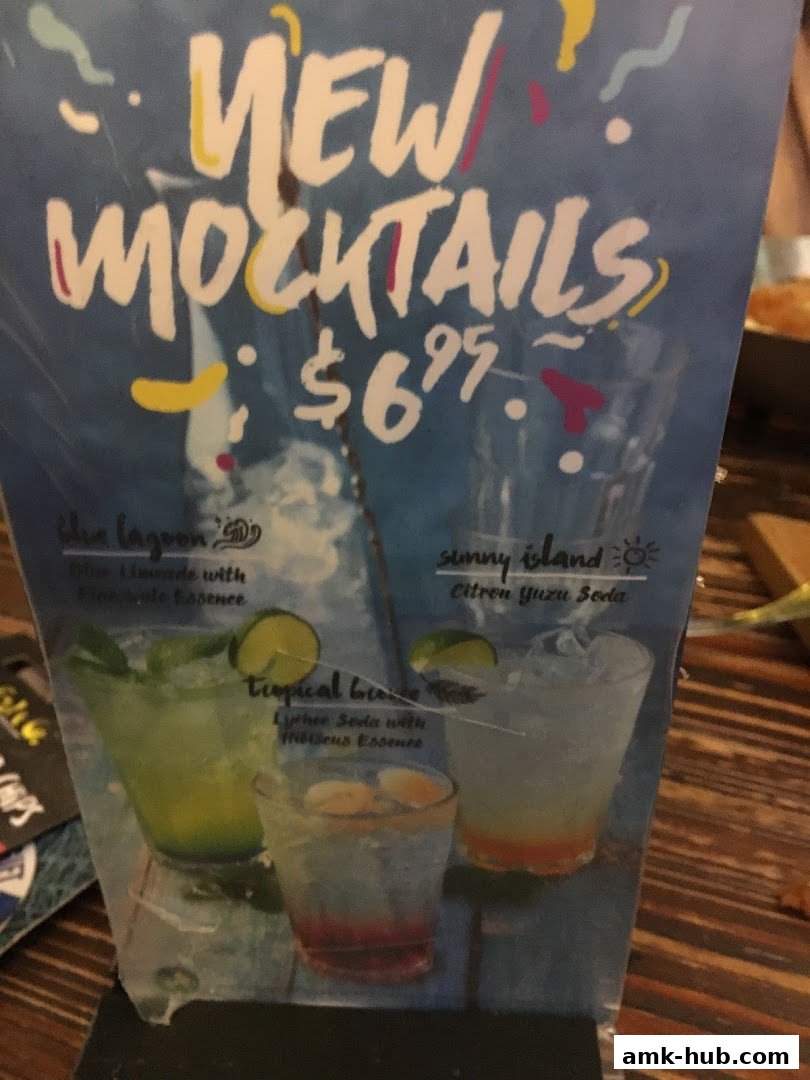 A menu showcasing three colorful mocktails with their names and descriptions.