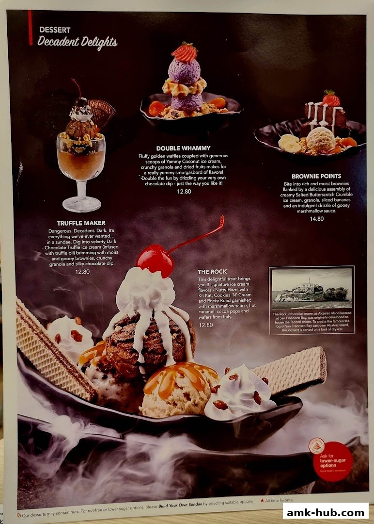 A menu page showcasing decadent dessert creations with detailed descriptions and prices.