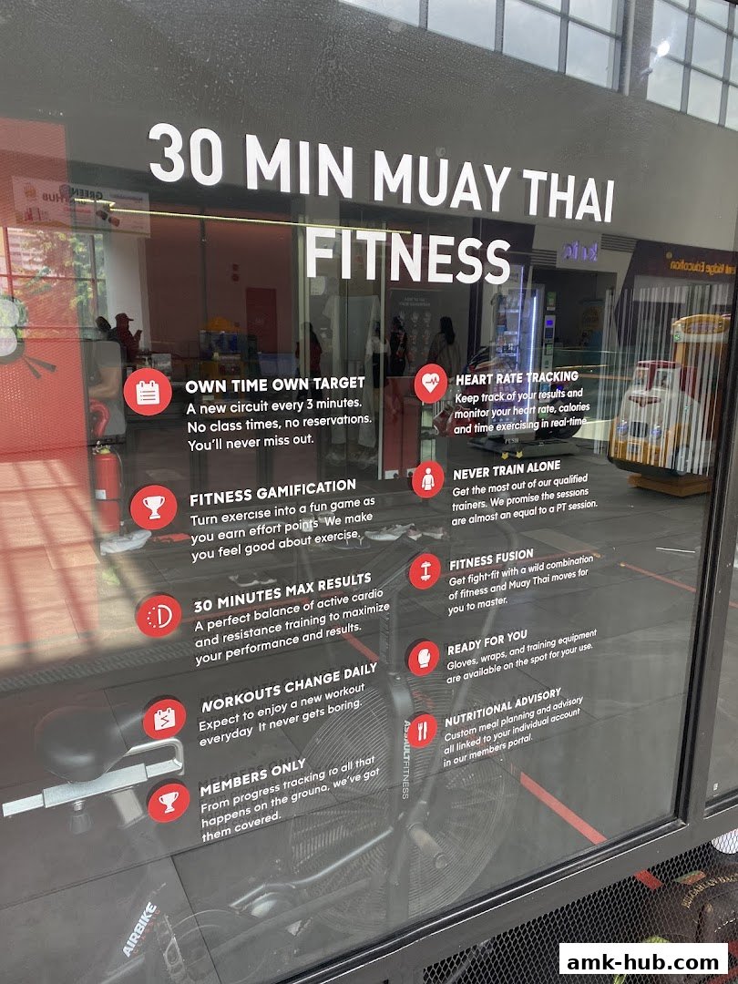 A shop window displaying information about 30-minute Muay Thai fitness classes.