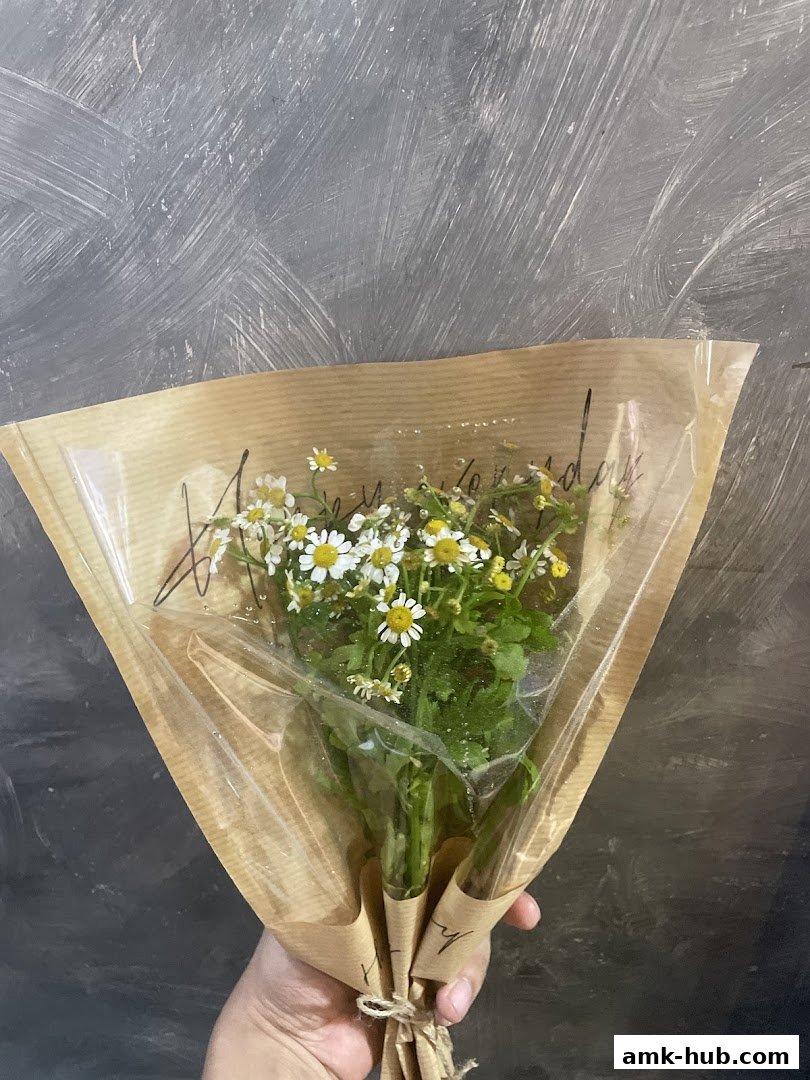 A hand holds a bouquet of small white flowers wrapped in brown paper and clear plastic.