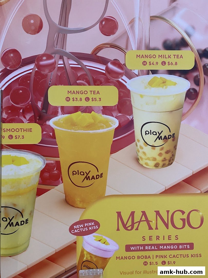 A menu display featuring various mango-flavored drinks from Playground by PlayMade.