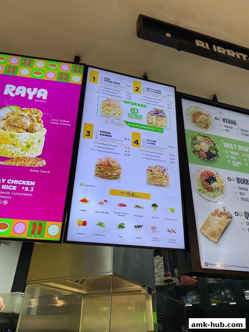 A digital menu board displaying various Asian-inspired dishes and ingredients.