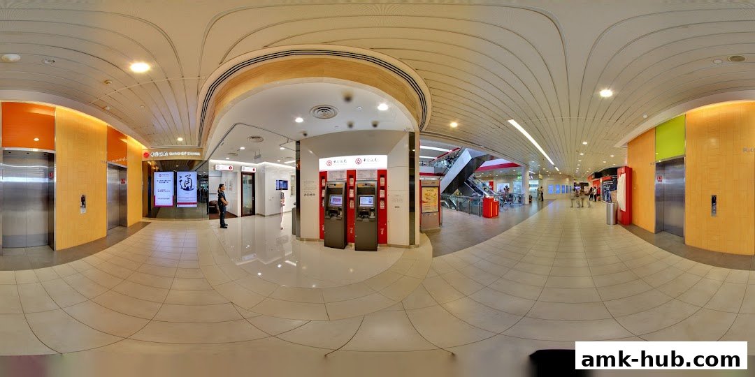 Interior view of the Bank of China Ang Mo Kio Sub-Branch with ATMs and elevators.