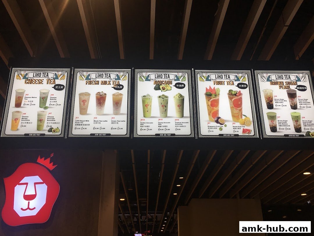 A menu board displaying various LiHO TEA drinks, categorized by type.