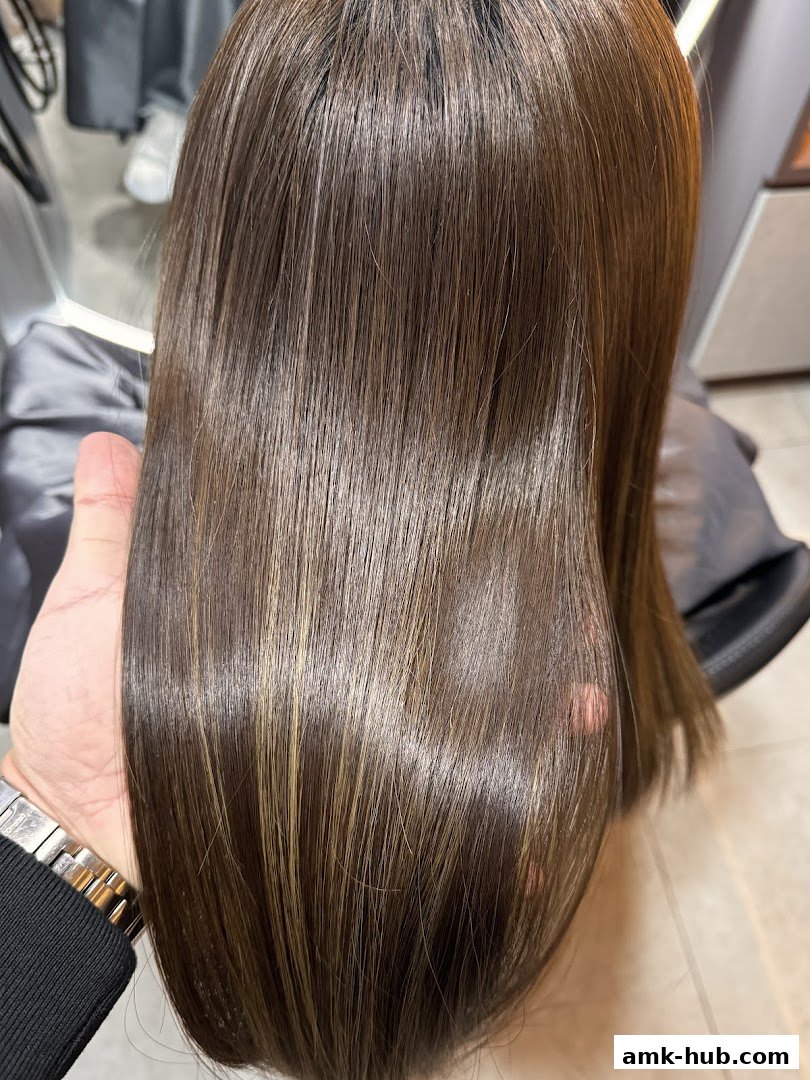 A close-up of healthy, shiny brown hair with subtle highlights.