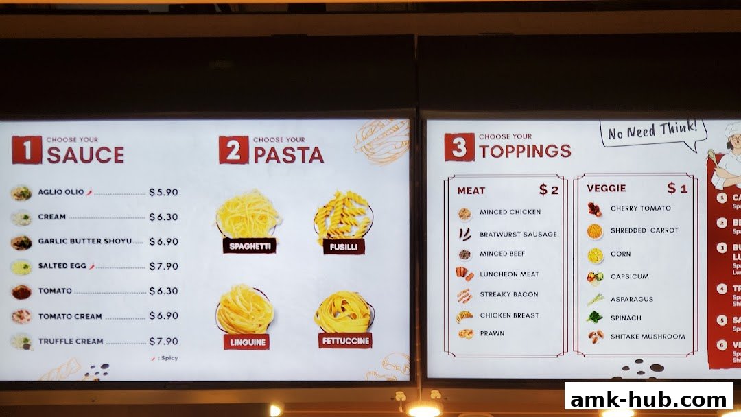 A digital menu displaying sauce, pasta, and topping options with prices.