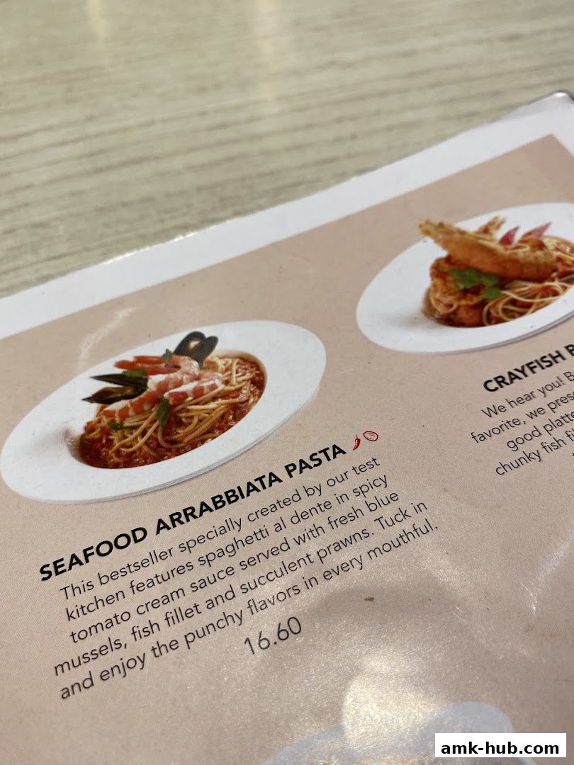 A menu featuring Seafood Arrabbiata Pasta and Crayfish Pasta.