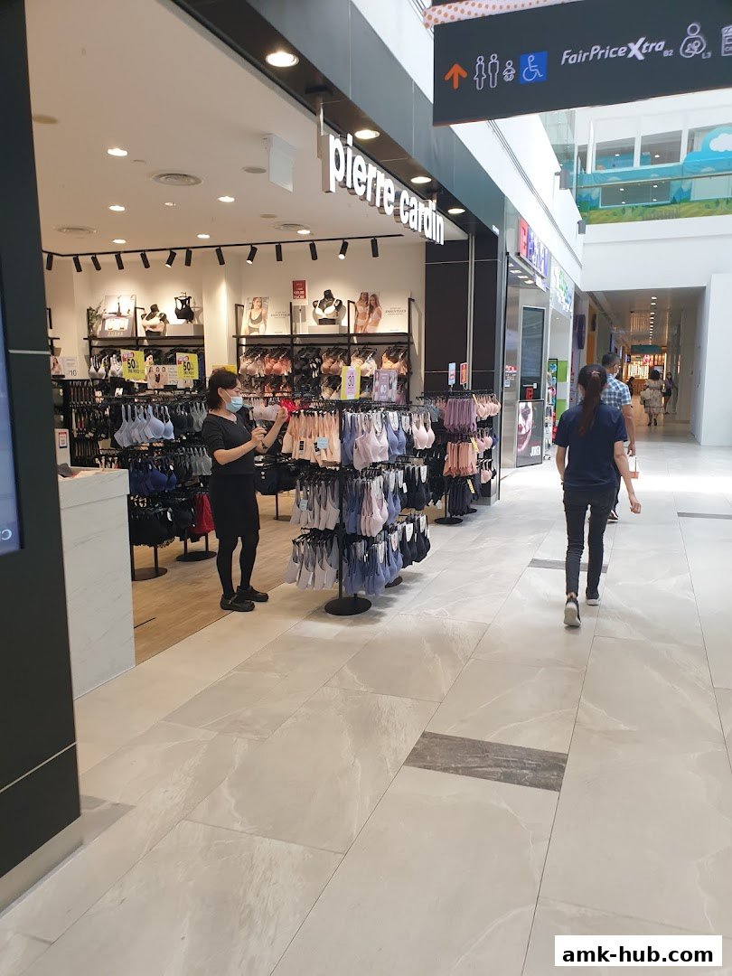 A Pierre Cardin Lingerie store with bras displayed on racks and a staff member attending.