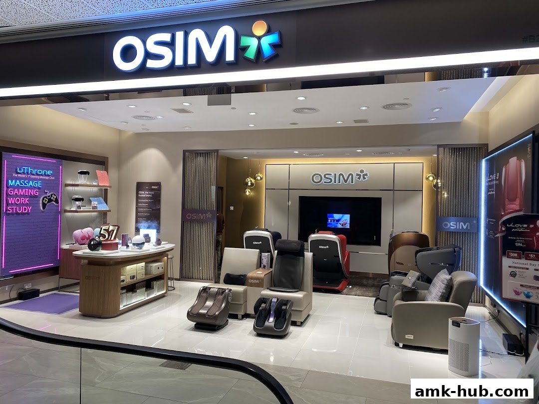 Interior view of an OSIM store showcasing various massage chairs and wellness products.