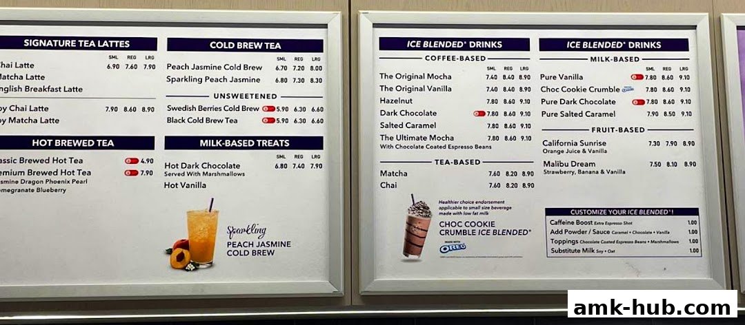 A menu board displaying various coffee and tea drinks, including ice blended options and hot brews.