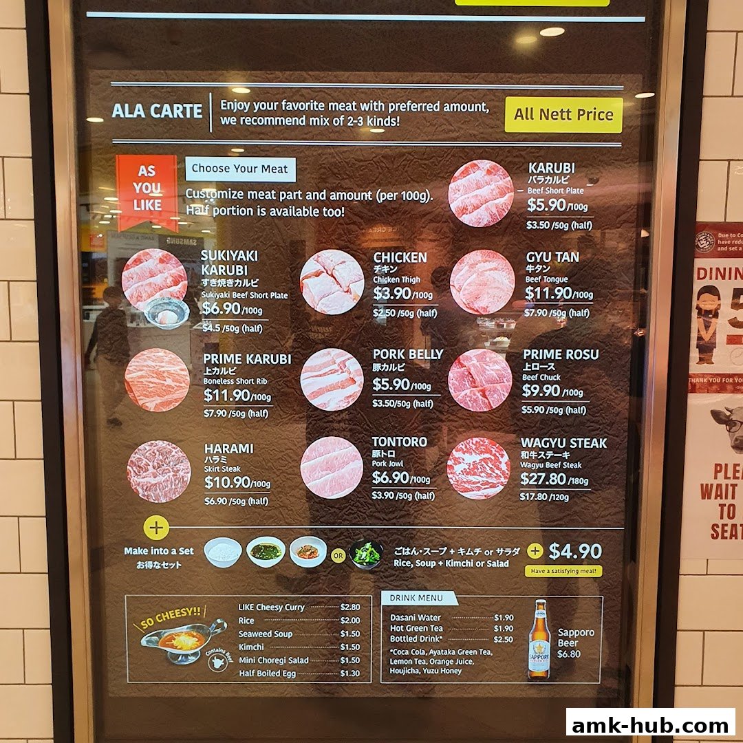 A digital menu board displaying various cuts of meat for yakiniku, with prices and descriptions.