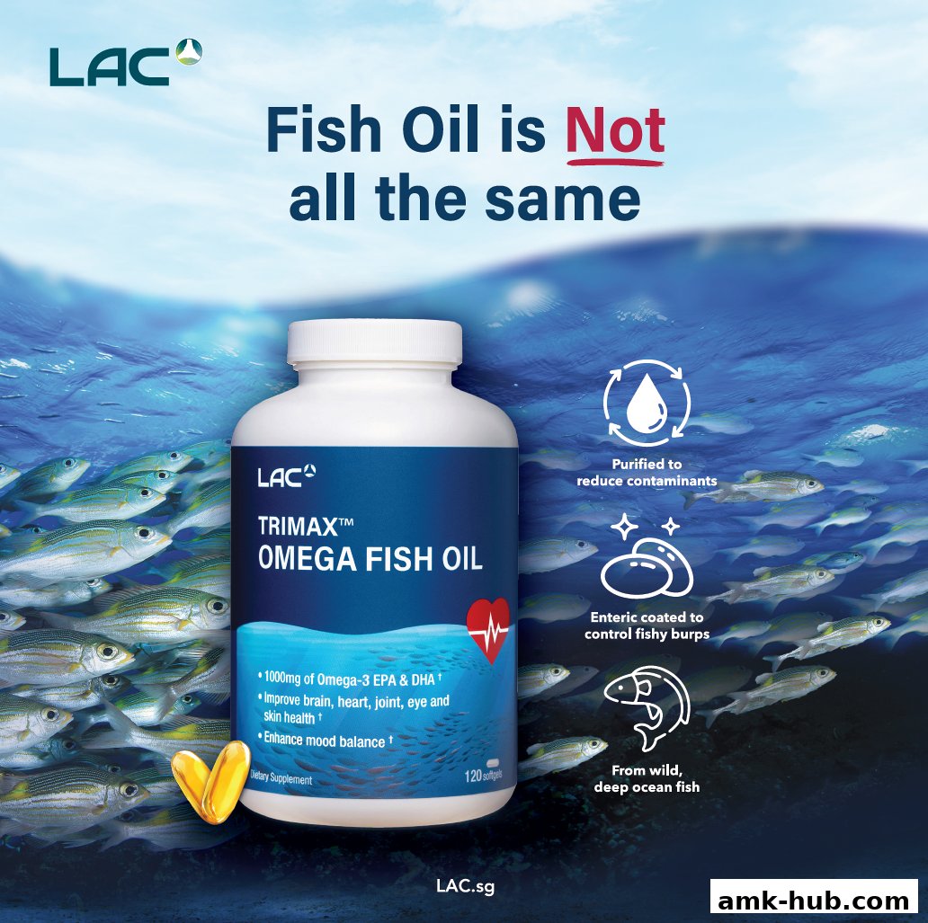 A bottle of LAC Trimax Omega Fish Oil with benefits listed, set against a backdrop of fish in the ocean.