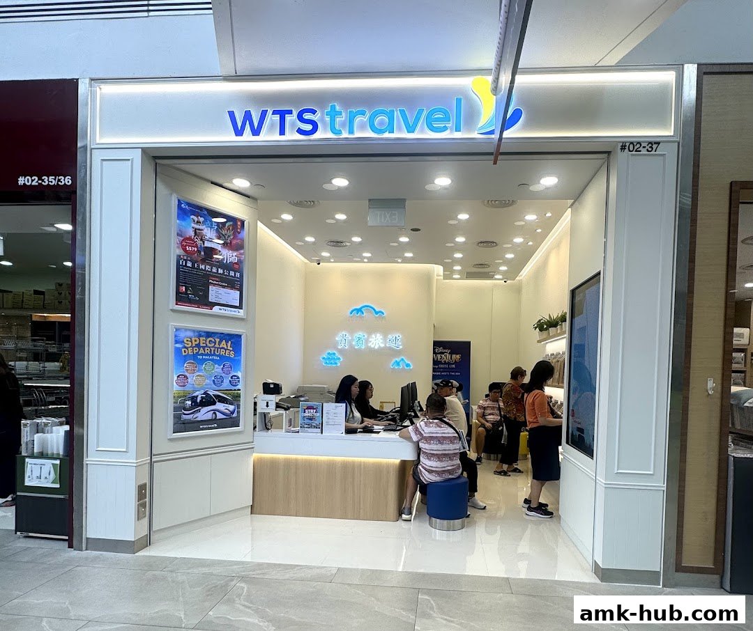 The WTS Travel shop front with staff and customers inside, featuring travel promotions.