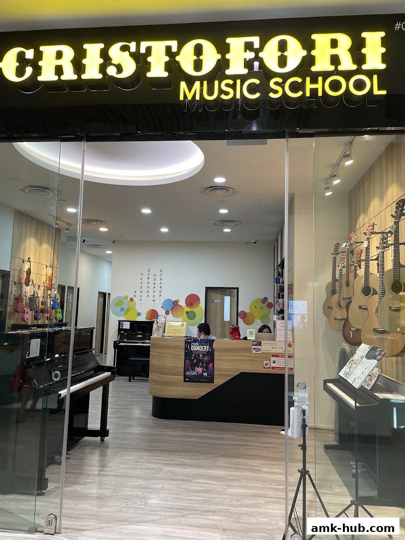 The entrance of Cristofori Music School, featuring pianos, guitars, and a reception desk.