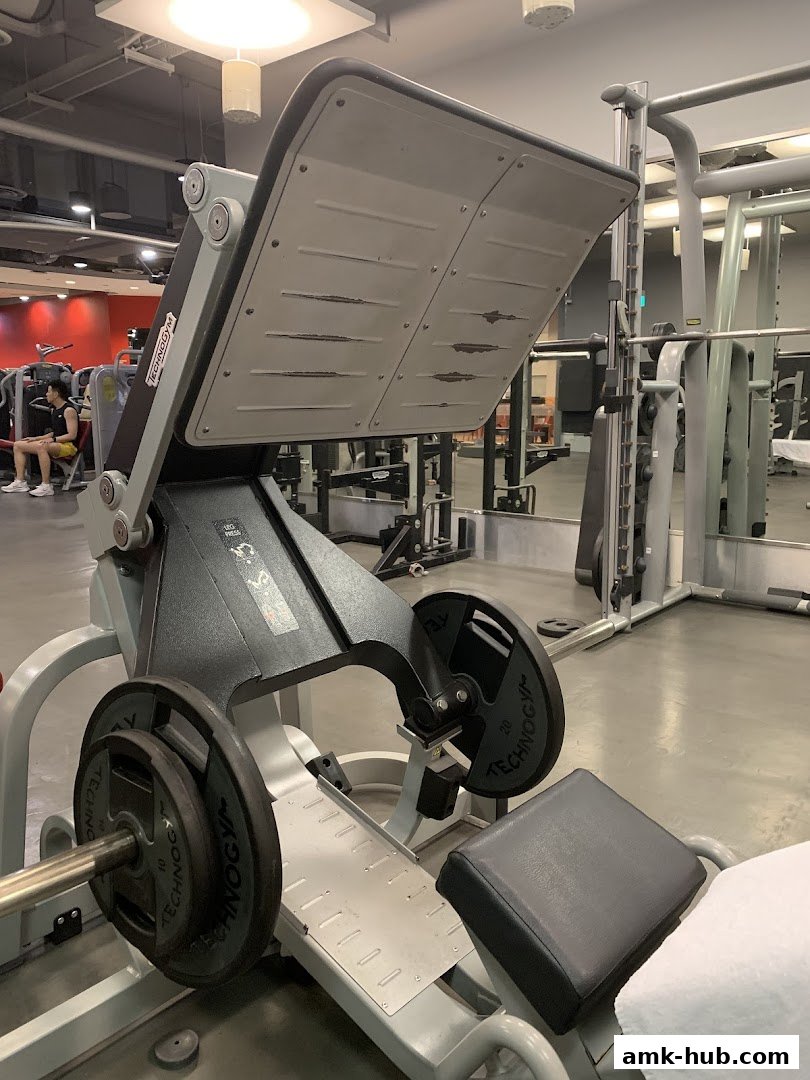 A leg press machine with weight plates loaded, in a gym setting.