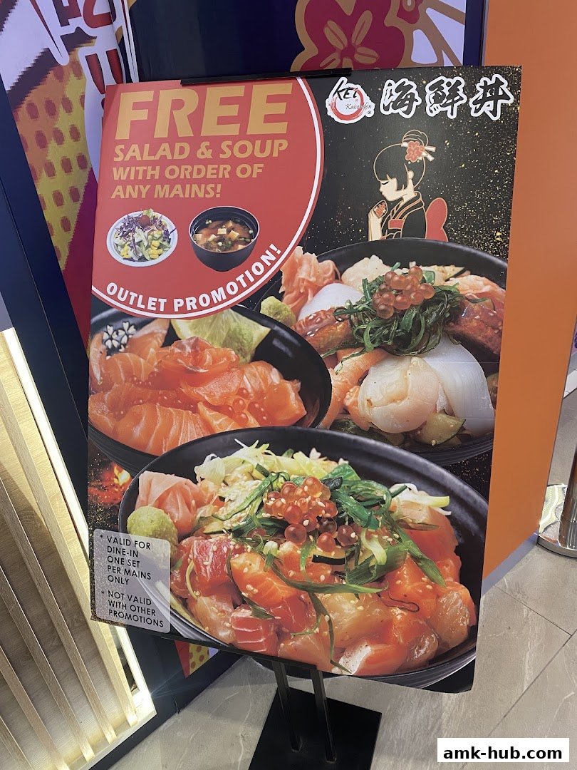A promotional poster for Kei Kaisendon featuring free salad and soup with main dish orders.
