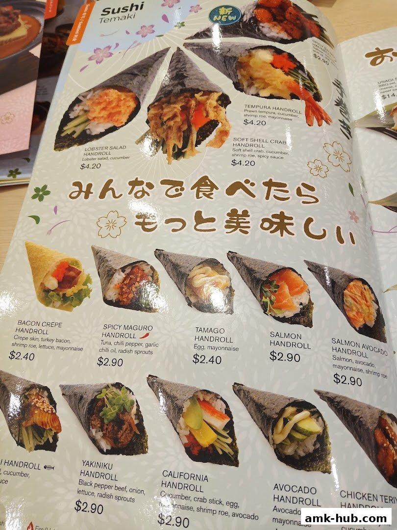 A menu showcasing various sushi temaki handrolls with colorful ingredients and prices.