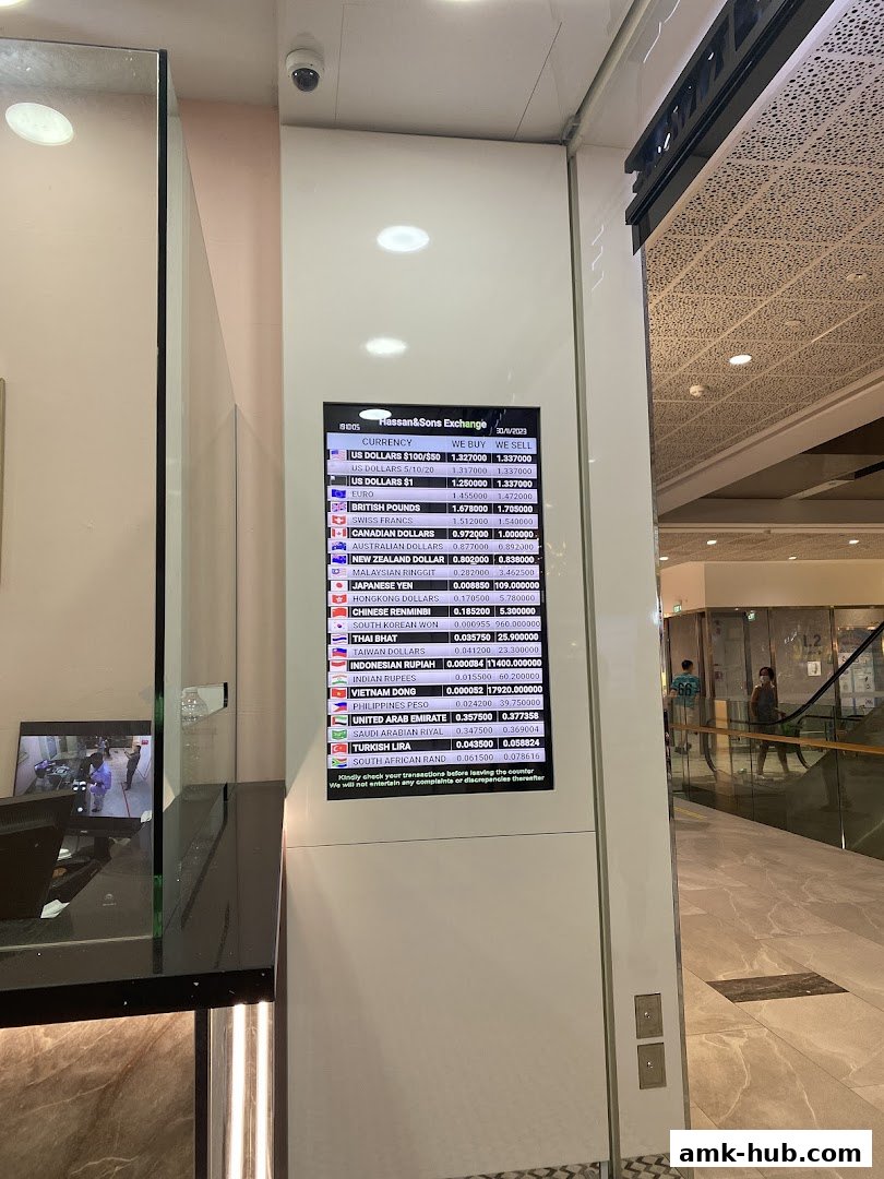 A digital display shows currency exchange rates for various foreign currencies.