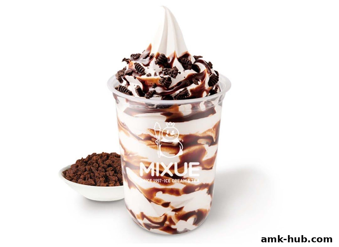 A delicious ice cream sundae with chocolate syrup and cookie crumbles from MIXUE.