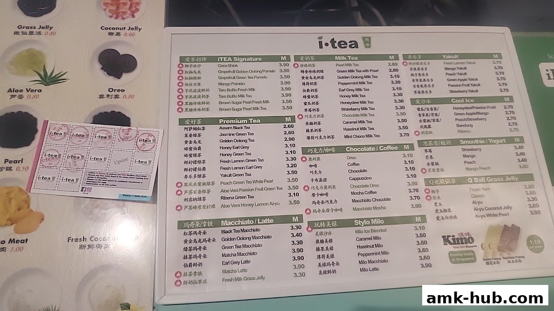 A menu for iTEA showing various milk teas, premium teas, macchiatos, and other beverages with prices.