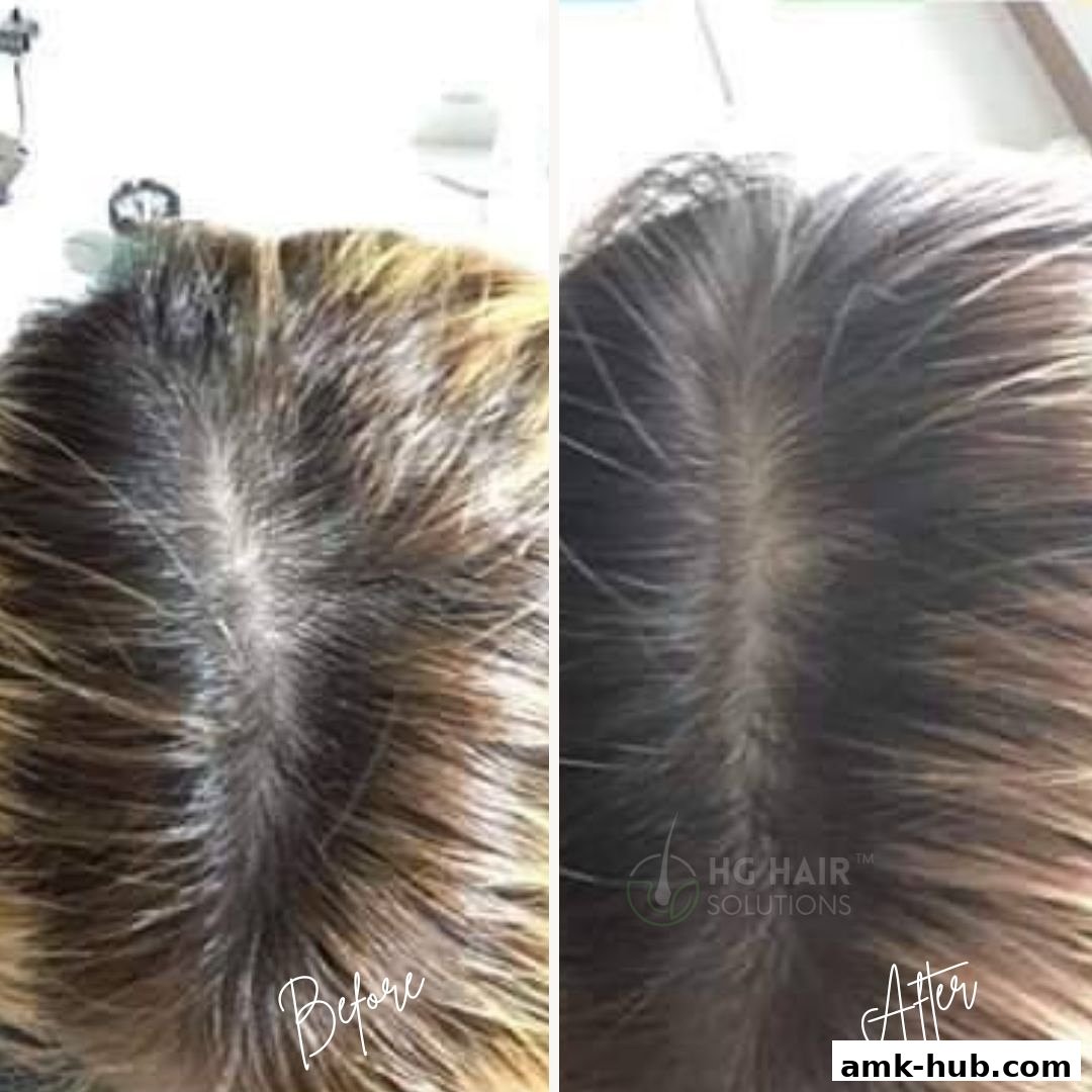 A split image showing a 'before' and 'after' comparison of hair treatment results.