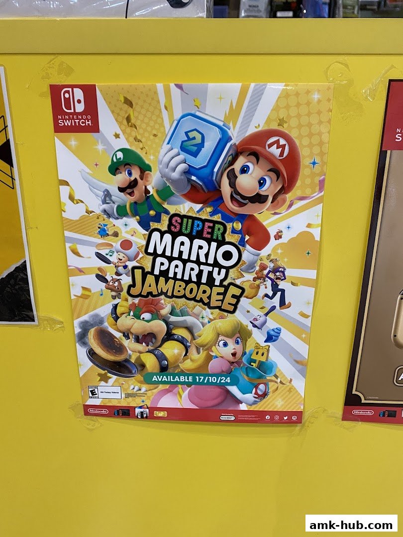 A poster for Super Mario Party Jamboree featuring Mario, Luigi, Peach, and Bowser.