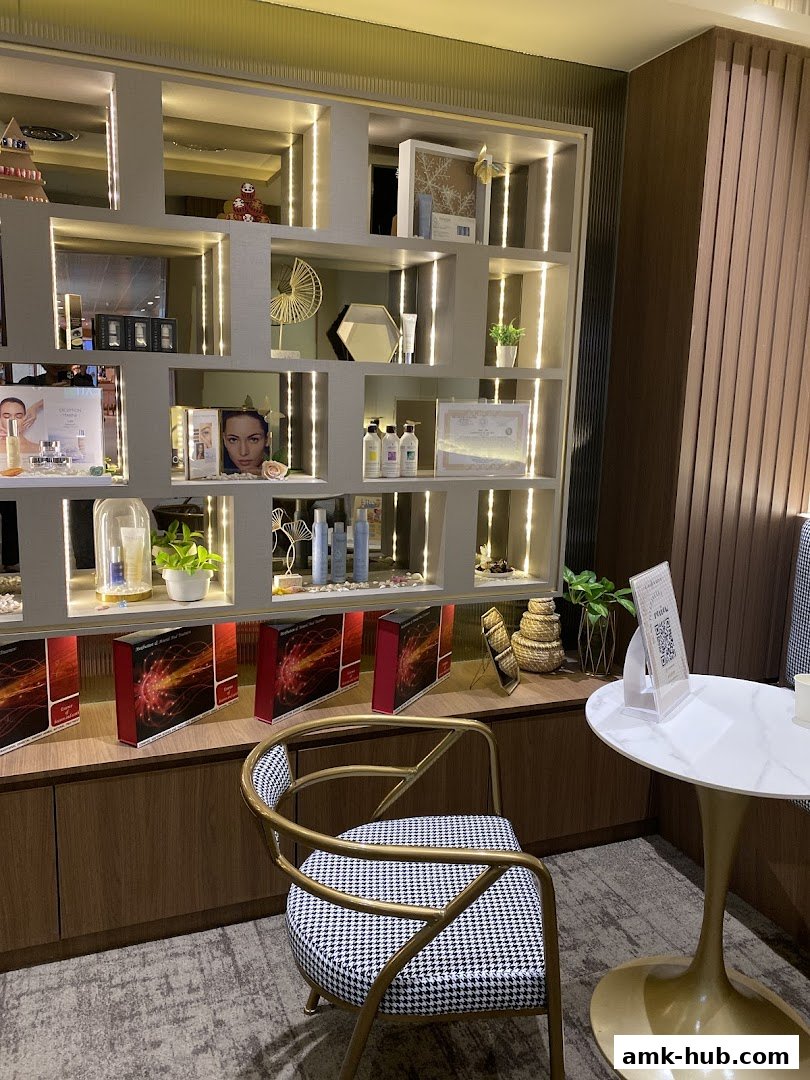 Interior shot of a beauty shop with shelves displaying skincare products and a chair.