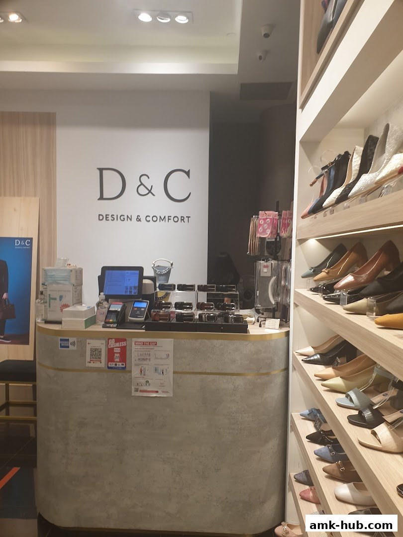 Interior view of a shoe store with a counter and shelves displaying various footwear.