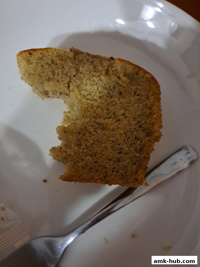 A slice of cake with visible seeds on a white plate with a fork.