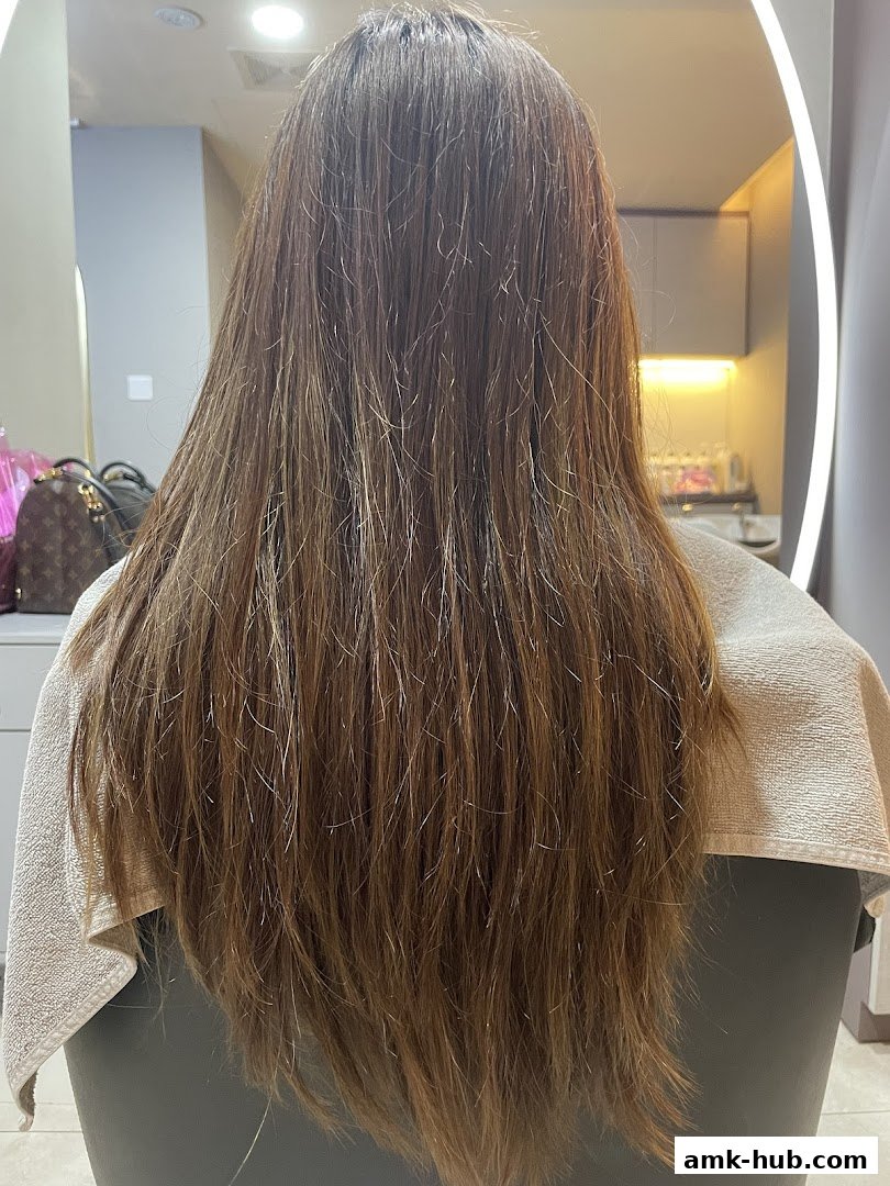 A person's long, brown hair is styled and ready for a treatment at a salon.