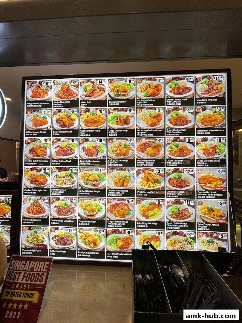 A digital menu board displaying various food items with images and prices.