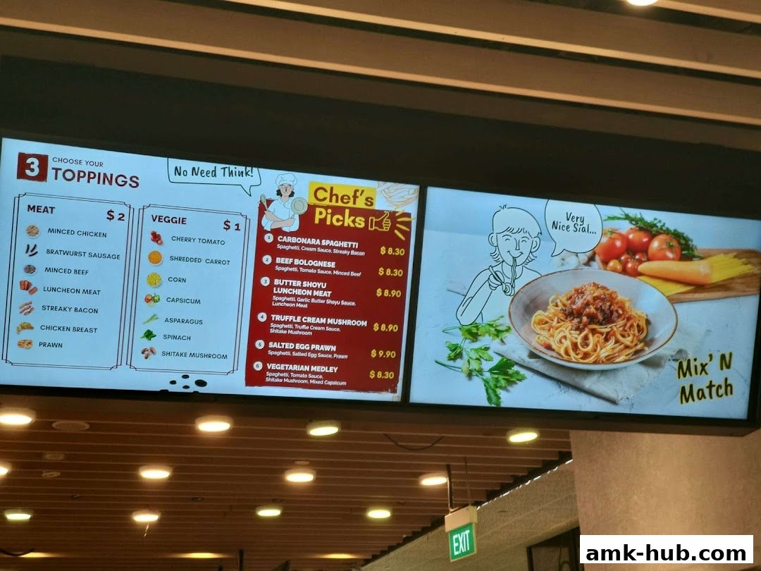 A digital menu board displaying pasta toppings and chef's special pasta dishes.