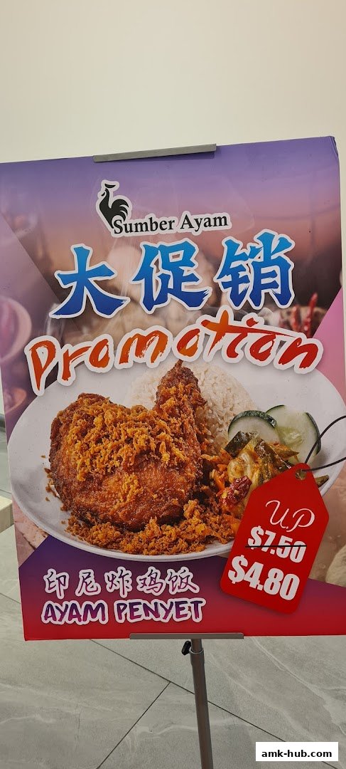 A promotional sign for Ayam Penyet from Sumber Ayam, featuring a fried chicken dish with rice.
