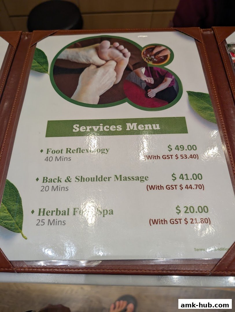 A services menu for a foot reflexology and massage center, featuring prices and durations.