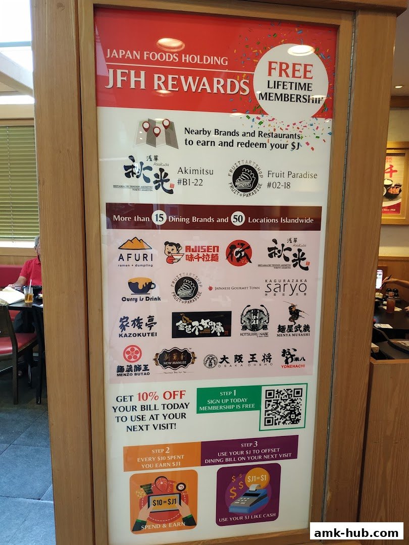A sign advertising JFH Rewards program with free lifetime membership and discounts.