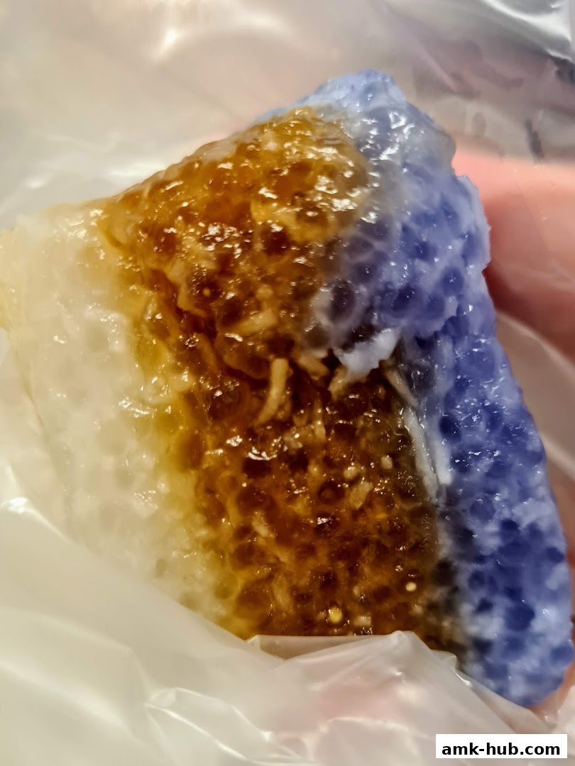 A close-up of a colorful, sweet rice dessert with coconut and syrup.