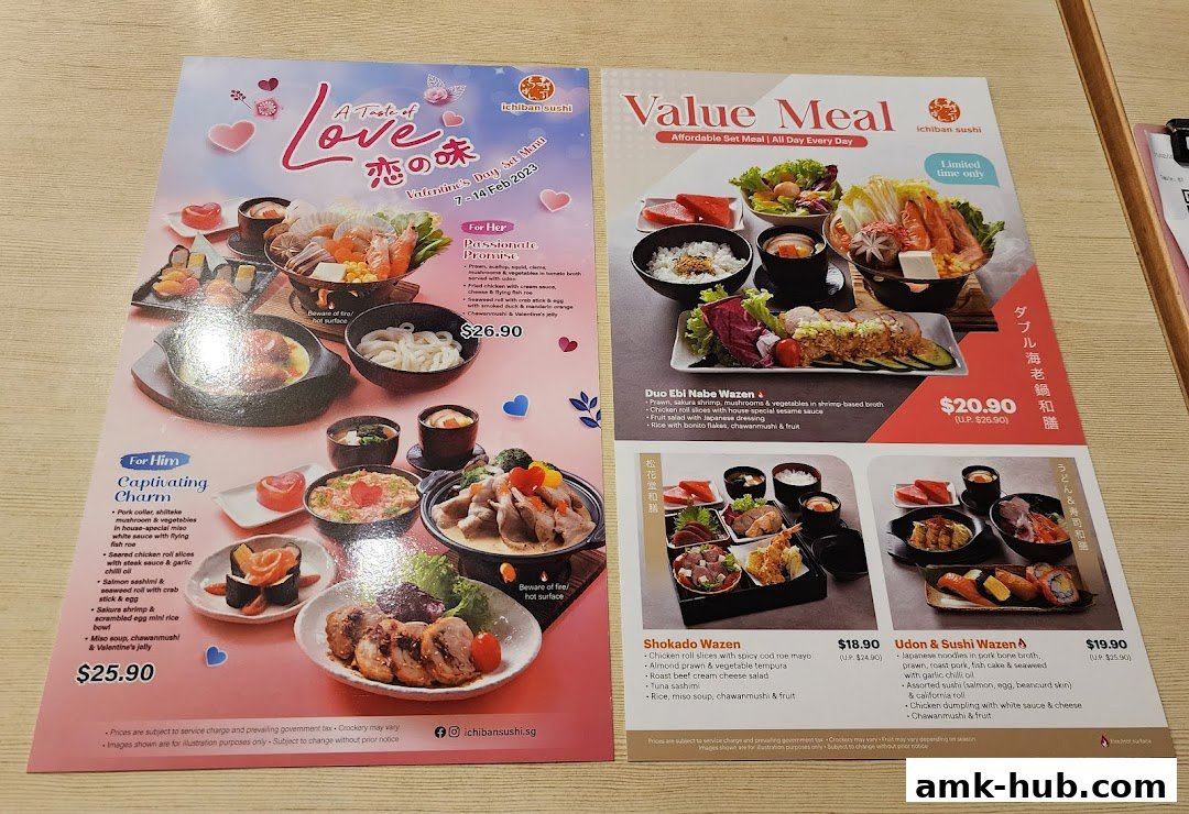 A menu from Ichiban Sushi featuring Valentine's Day specials and value meals.