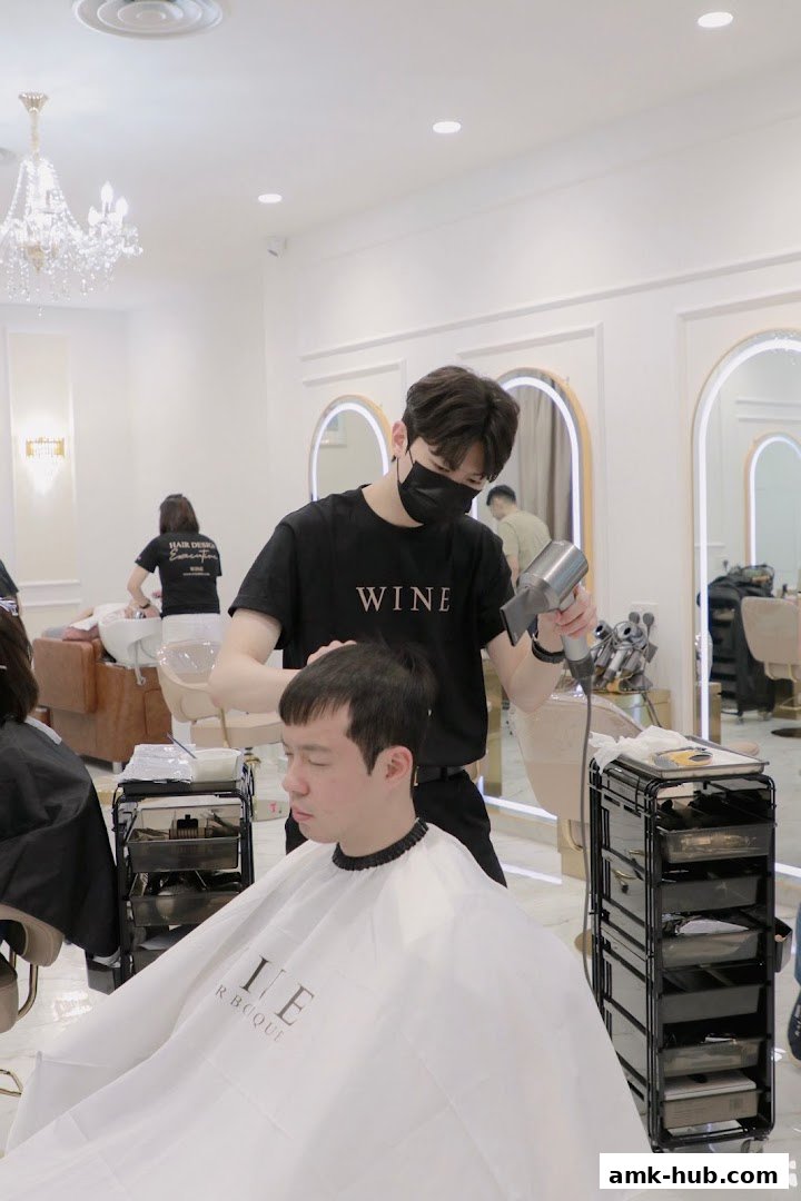 A hairstylist blow-dries a client's hair in a modern, well-lit salon.