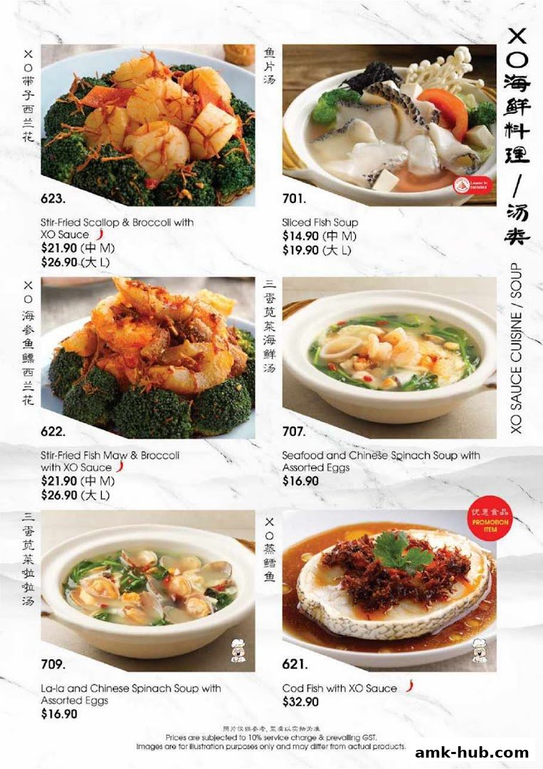 A menu showcasing various seafood dishes with prices and descriptions.