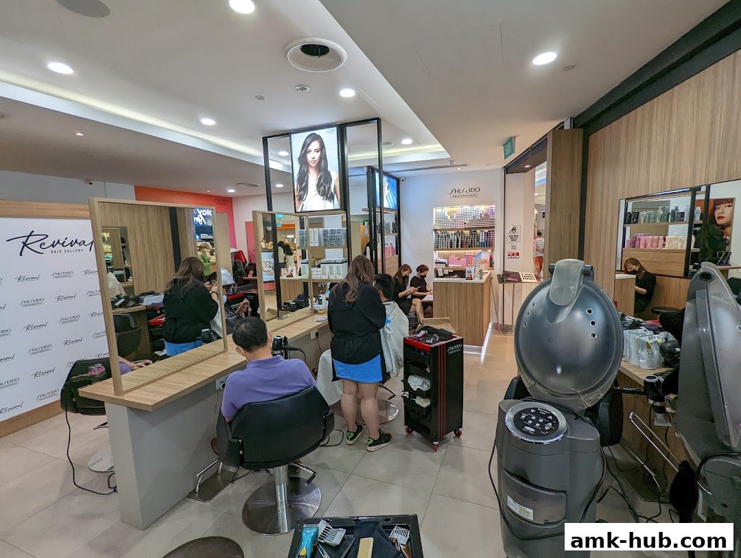Interior view of Revival Hair Gallery with stylists and clients at workstations.