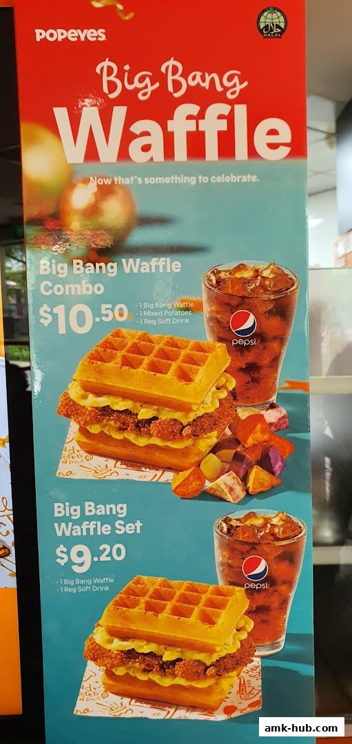 A menu board for Popeyes featuring the Big Bang Waffle Combo and Set.