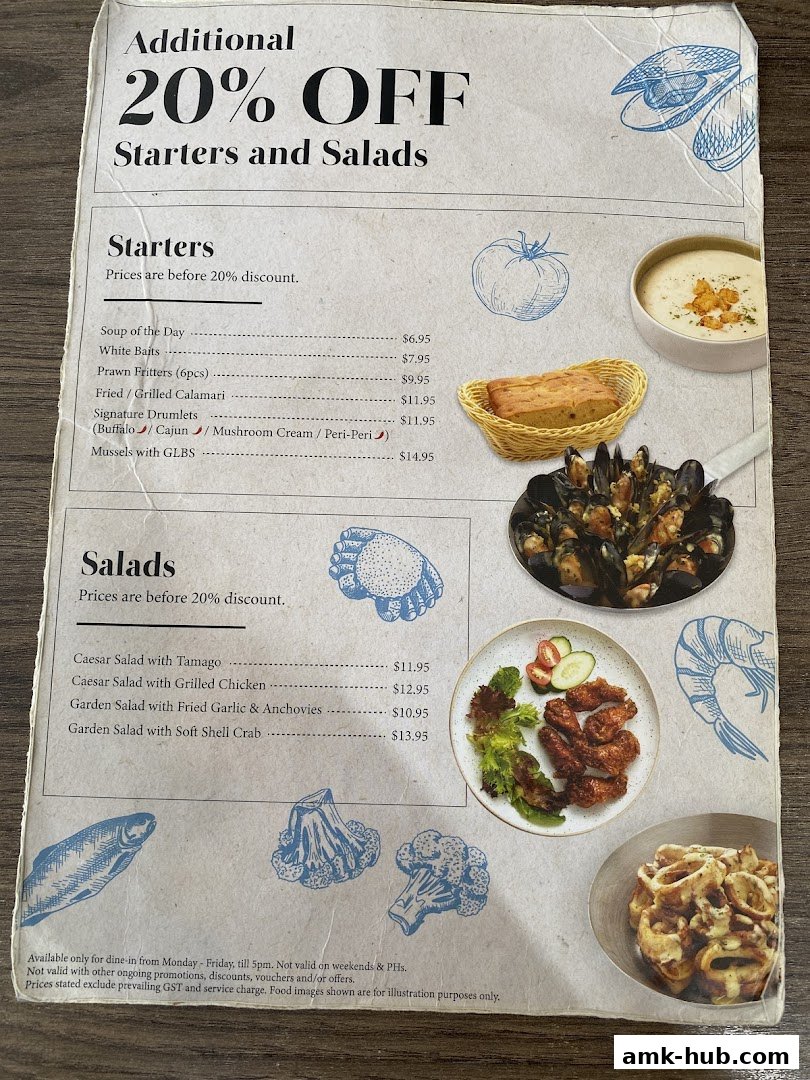 A menu offering 20% off starters and salads, with various seafood and chicken dishes.