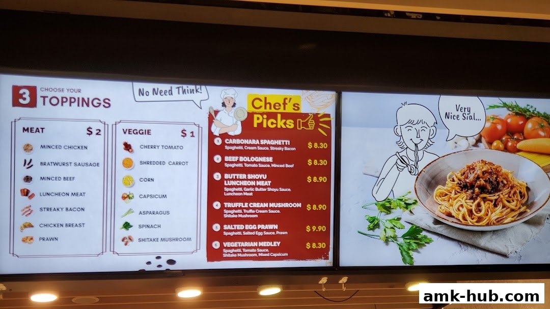 A menu board displaying pasta dishes, toppings, and a cartoon of someone enjoying spaghetti.