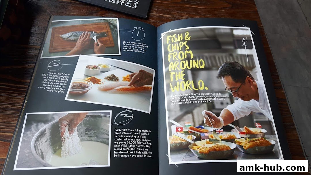 A brochure showcasing the preparation of fish and chips with images and text.